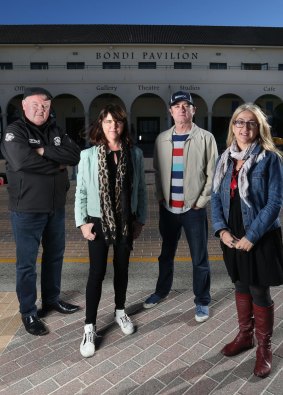 The CFMEU's Brian Parker, Kilty O'Brien, musician Dave Faulkner and Rita Mallia outside the Bondi Pavilion, Bondi Beach.