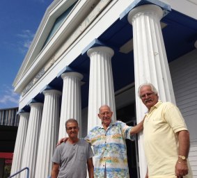 Hellenic House at West End is to be demolished. In front are Emmanuel Stergakis, George Adamopolous and Jack Conias.