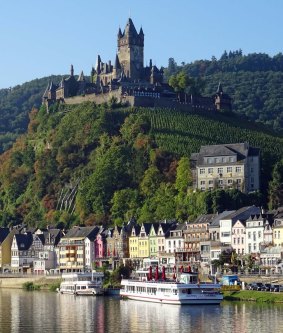 Cochem and Reichsburg Castle on the Moselle River in Germany. 