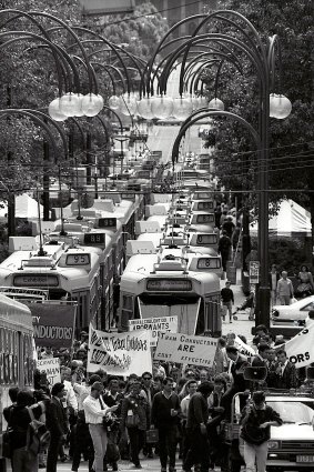 It's been 20 years since Melbourne's last major tram strike. Action in 1989 (pictured) against the removal of conductors brought the city to a standstill. 

