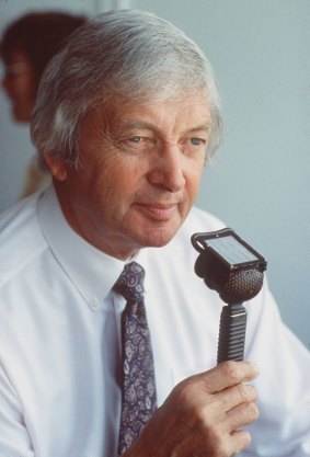 Richie Benaud in the commentary box.