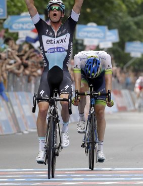Pipped at the post: Iljo Keisse of Belgium outsprints Australia's Luke Durbridge to win the last stage of the Giro d'Italia,.