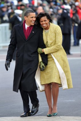 President Barack Obama and first lady Michelle Obama in the Inaugural Parade in January 2009.