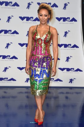 Mel B hit back at Belafonte at the MTV VMAs last month in a dress by Australian designers, Discount Universe, with the slogan "You will never own me".