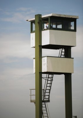 Terry Bailey in the chief steward's tower at Melbourne's Sandown Racecourse last December.