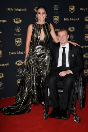 Alex McKinnon and Teigan Power, who married on Sunday, are seen arriving at the Dally M Awards last month.
