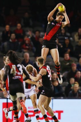 Joe Daniher hauls in a high mark during Essendon's loss to the Saints