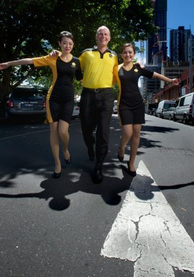 Runway models : Scoot airlines launches a route from Melbourne to Singapore with CEO Campbell Wilson with cabin crew Scha and
Germin Chng.