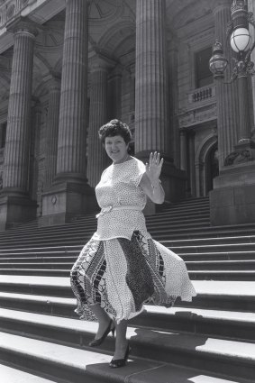 Joan Kirner leaves Parliament House, Melbourne after elected Victoria's first female deputy premier.