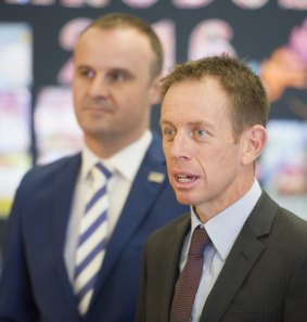 Chief Minister Andrew Barr and Education Minister Shane Rattenbury at Kaleen Primary School on Monday.