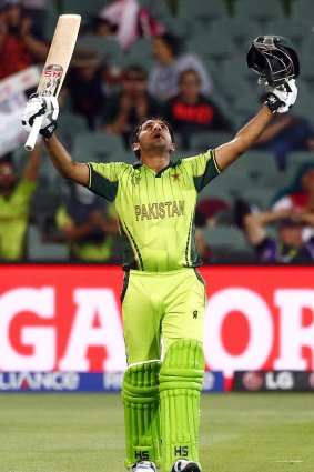 Pakistan's Sarfraz Ahmed celebrates his century against Ireland at the Adelaide Oval on Sunday.