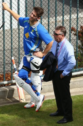Net gain: Australian chairman of selectors Rod Marsh speaks with Mitch Marsh before Australia's nets session at Blundstone Arena in December 2015.