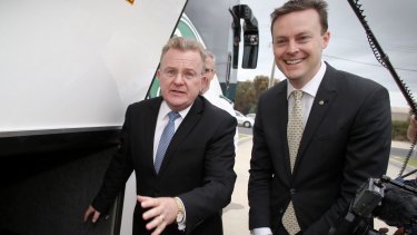 Retiring MP Bruce Billson (left) during the 2016 election campaign, with Liberal Chris Crewther, his successor in the seat of Dunkley.