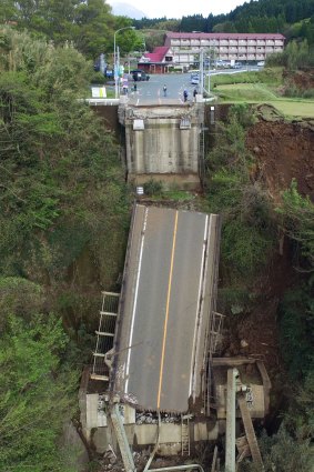 The collapsed Aso Bridge in Minamiaso village in the Kumamoto prefecture of Japan.