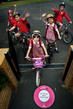 Students at Malvern Valley Primary School in East Malvern are using an e-tag system to encourage kids to ride to school. They wear a tag on their school bag that they scan when they get to school. FROM LEFT they are Matthew, Jordan, Chantelle, Laura and Kane. 