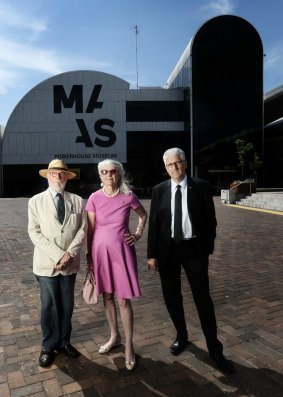 Clive Lucas, Penelope Seidler and Nick Pappas outside the Powerhouse Museum.They are against the relocation of the Museum to Parramatta.