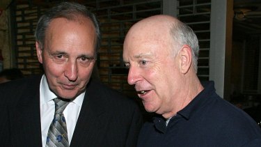 Paul Keating and John Clarke at the after party for Keating, the musical in Melbourne.