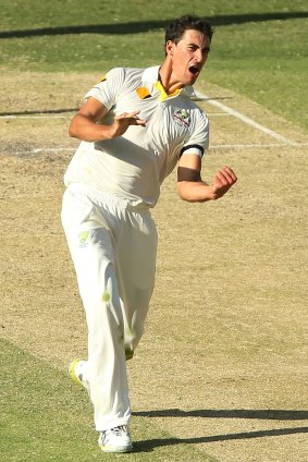 Breakthrough: Mitchell Starc after bowling Murali Vijay midway through the final session on day three.