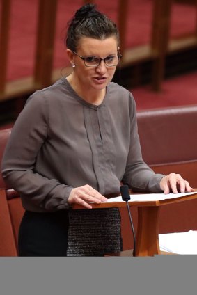 Senator Jacqui Lambie urges Senator Ricky Muir to vote against university deregulation during a speech to the Senate on Monday.