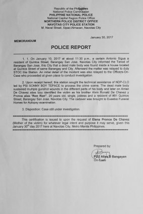 The Philippine police report for the death of Alvin Ronald de Chavez also known as Heart de Chavez. 