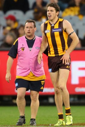 Hawthorn's Isaac Smith is attended to by a trainer after injuring his knee.