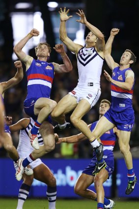 Brownlow favourite: Nat Fyfe flies high against the Western Bulldogs.