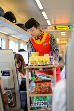 Drinks and snacks service on the high-speed train. 