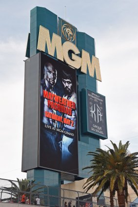 The marquee at MGM Grand Garden Arena advertises the upcoming fight in Las Vegas, Nevada. 