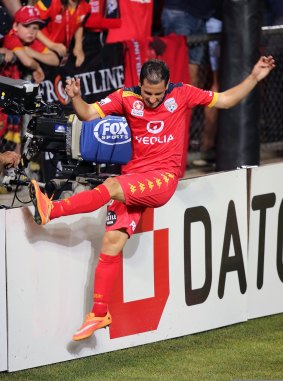 Victory dance: Sergio Cirio celebrates his last-ditch goal against Wellington.