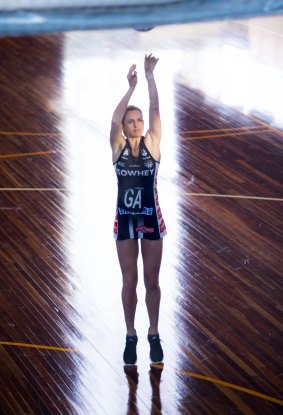 Utility value: Shae Brown, the Magpies' midcourter turned goalshooter, practises ahead of Saturday's Super Netball semi-final.
