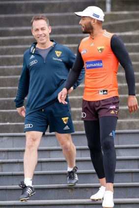 Right steps: Alistair Clarkson, with Josh Gibson at training today, says he's "all about equity" for clubs. 