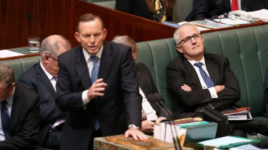Communications Minister Malcolm Turnbull listens as Prime Minister Tony Abbott responds to a question on cabinet leaks during Question Time at Parliament House in Canberra on Wednesday 3 June 2015.