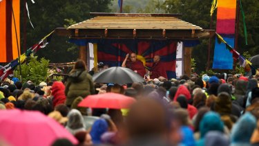 The Dalai Lama addresses the crowd at Glastonbury.