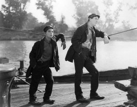 A scene from the 1928 film Steamboat Bill, Jr.