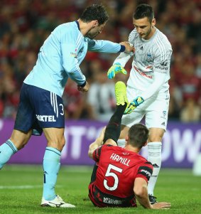 Just trying to help: Sasa Ognenovski pushes Vedran Janjetovic away as he tries to help Brendan Hamill in the last Sydney derby.