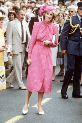 Princess Diana after visiting Fremantle Hospital, 1983, in a dress by Donald Campbell and hat by John Boyd, Millinery.