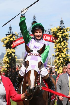 Michelle Payne riding Prince Of Penzance returns to scale after winning the Melbourne Cup.