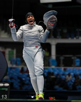 Ibtihaj Muhammad during the 2016 Summer Olympics, in which she won a Bronze medal in saber fencing.