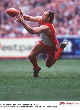 One game short: Tony Lockett takes a mark during the 1996 grand final.
