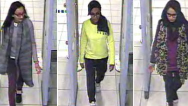 British teenagers Kadiza Sultana, Amira Abase and Shamima Begum pass through Gatwick Airport in February on their way to Syria to become 'IS brides'.