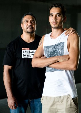 Alec Doomadgee and his son Zach who feature in the documentary.