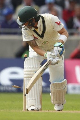 Death rattle: Michael Clarke bowled by Steven Finn in the first innings of the third Ashes Test.