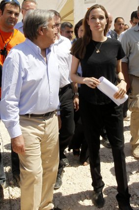 UN High Commissioner for Refugees Antonio Guterres, with actress Angelina Jolie, the UN refugee agency's special envoy.