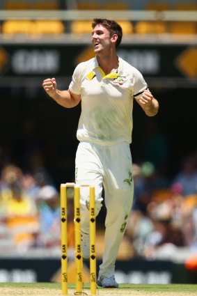 Highs and lows: Mitch Marsh celebrates his first Test wicket. He was injured shortly after lunch on Wednesday.