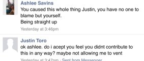 A message chain between Ms Savins and Mr Toro following the alleged attack.