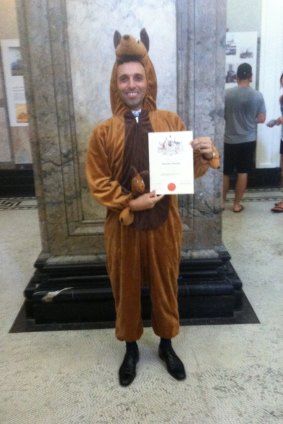 Thibaut Guigues dressed as a kangaroo for the citizenship ceremony in Brisbane.