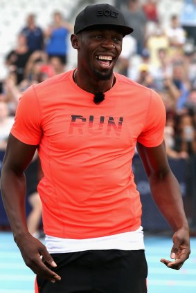 Usain Bolt performs for fans during the 2017 Nitro Athletics Series at Lakeside Stadium.