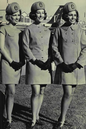 Deirdre Graham (left), Isla Taylor and Pauline Ewers model Qantas uniforms in 1969.
