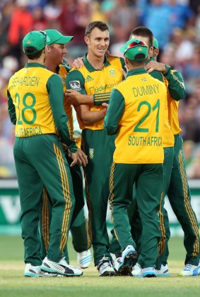 South Africa celebrate after claiming the wicket of Aaron Finch.