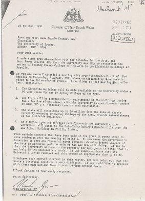 The 1991 letter from Nick Greiner to Sydney University offering the Kirkbride complex.
